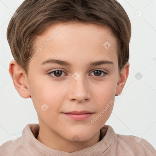 Joyful white child female with short  brown hair and brown eyes