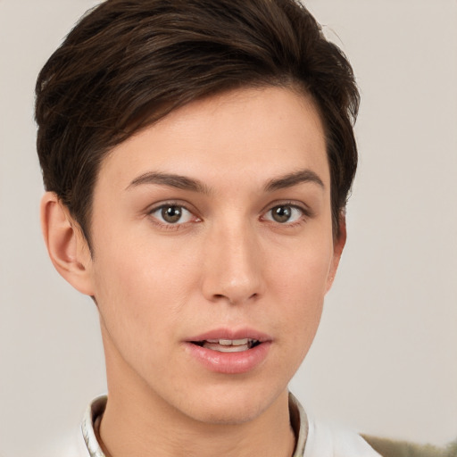 Neutral white young-adult female with short  brown hair and brown eyes