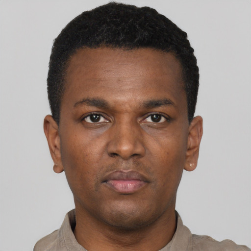 Neutral black young-adult male with short  black hair and brown eyes