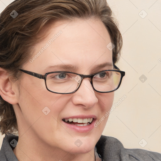 Joyful white young-adult female with medium  brown hair and blue eyes