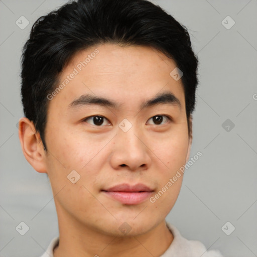 Neutral asian young-adult male with short  brown hair and brown eyes