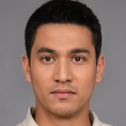 Neutral white young-adult male with short  brown hair and brown eyes