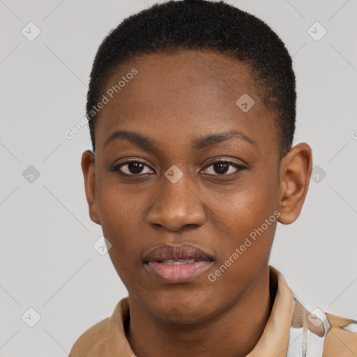 Joyful latino young-adult female with short  black hair and brown eyes