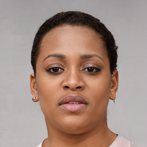 Neutral latino young-adult female with short  brown hair and brown eyes