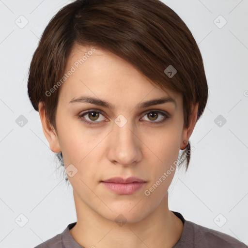 Neutral white young-adult female with short  brown hair and brown eyes