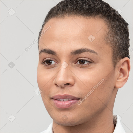 Joyful white young-adult female with short  brown hair and brown eyes