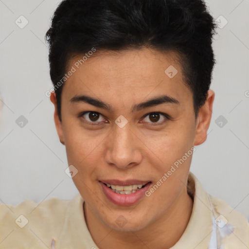 Joyful latino young-adult female with short  brown hair and brown eyes