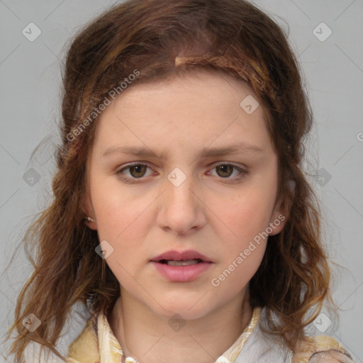 Neutral white young-adult female with medium  brown hair and grey eyes