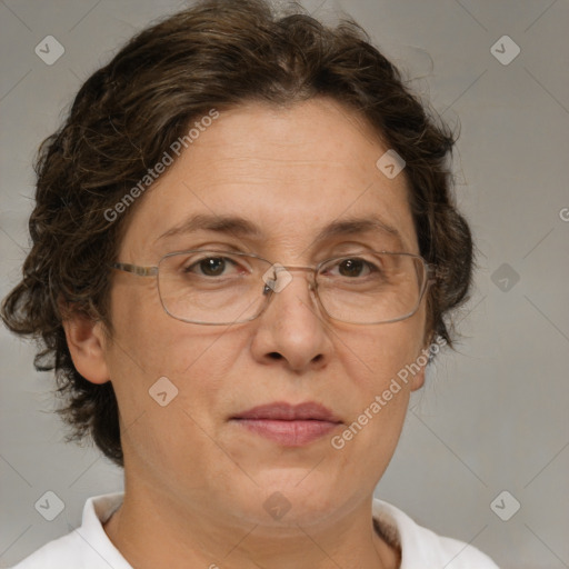 Joyful white middle-aged female with short  brown hair and brown eyes