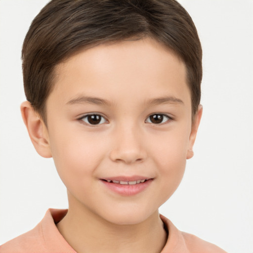 Joyful white child female with short  brown hair and brown eyes