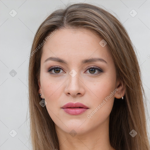 Neutral white young-adult female with long  brown hair and grey eyes