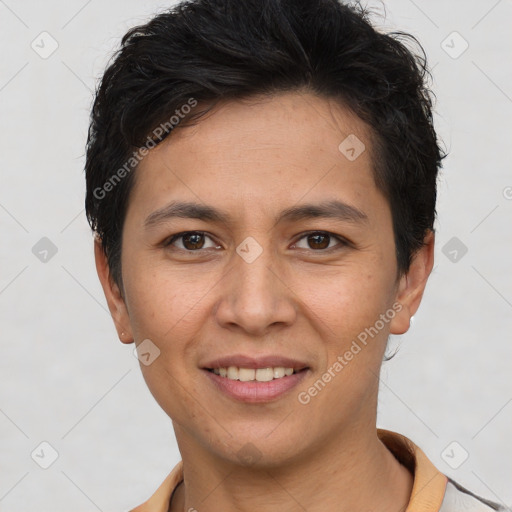 Joyful white young-adult female with short  brown hair and brown eyes