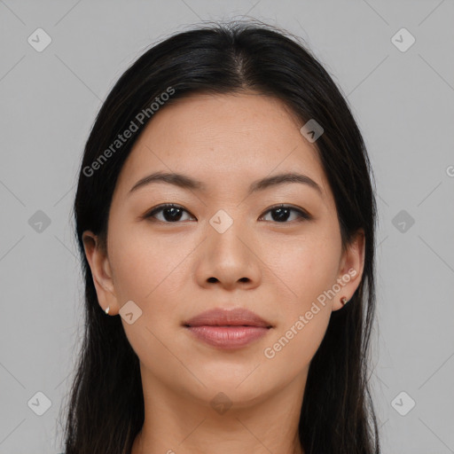 Joyful asian young-adult female with long  brown hair and brown eyes