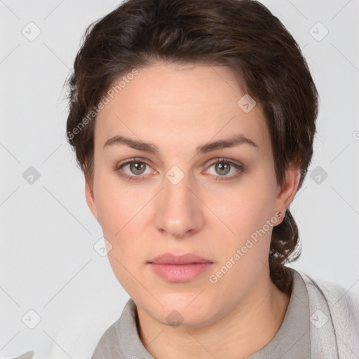 Neutral white young-adult female with short  brown hair and brown eyes