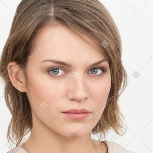 Neutral white young-adult female with medium  brown hair and grey eyes