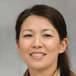 Joyful white adult female with medium  brown hair and brown eyes