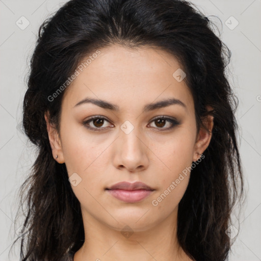 Neutral latino young-adult female with long  brown hair and brown eyes