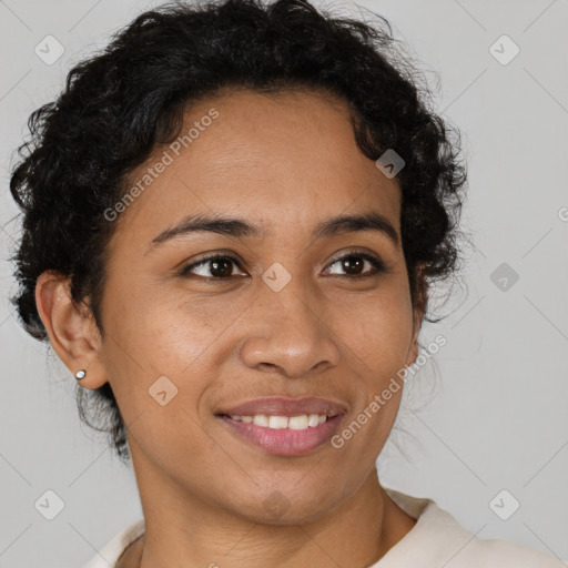 Joyful latino young-adult female with short  brown hair and brown eyes