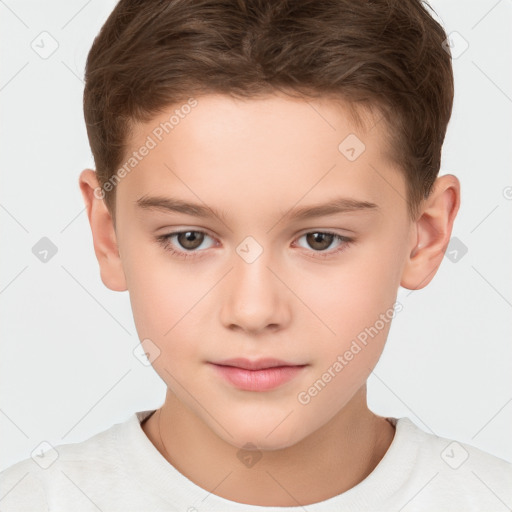 Joyful white child female with short  brown hair and brown eyes