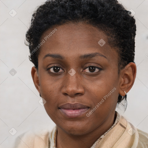 Neutral black young-adult female with short  brown hair and brown eyes