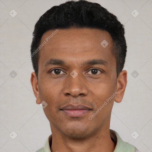 Neutral black young-adult male with short  black hair and brown eyes