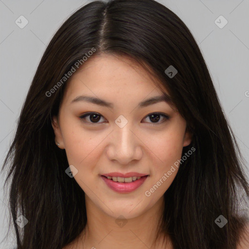 Joyful asian young-adult female with long  brown hair and brown eyes