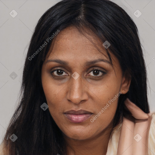 Joyful asian young-adult female with long  brown hair and brown eyes