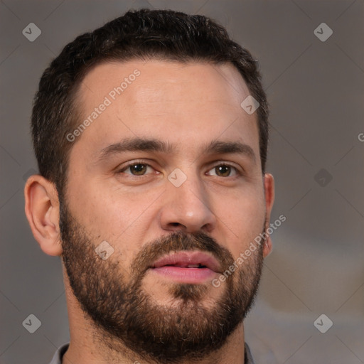 Neutral white young-adult male with short  brown hair and brown eyes