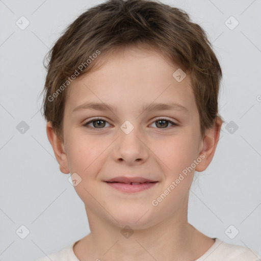 Joyful white child male with short  brown hair and brown eyes