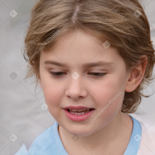 Joyful white child female with medium  brown hair and brown eyes