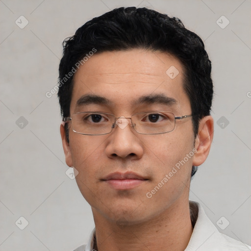 Neutral asian young-adult male with short  black hair and brown eyes