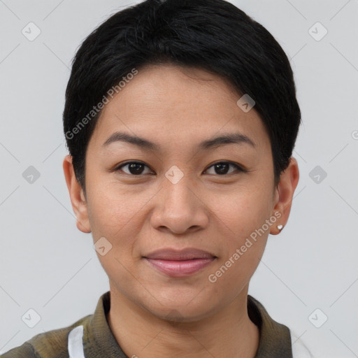 Joyful asian young-adult female with short  brown hair and brown eyes