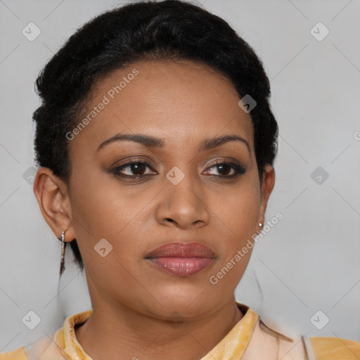 Joyful latino young-adult female with short  brown hair and brown eyes