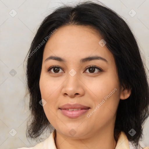 Joyful white young-adult female with medium  brown hair and brown eyes