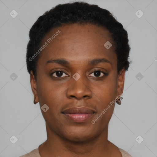 Neutral black young-adult female with short  black hair and brown eyes