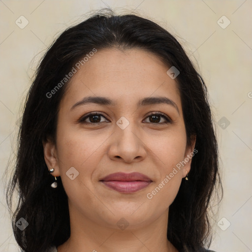 Joyful latino young-adult female with long  brown hair and brown eyes