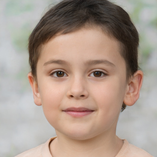 Joyful white child female with short  brown hair and brown eyes