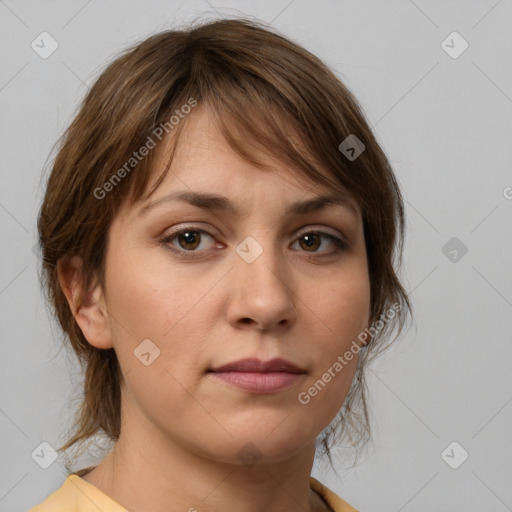 Neutral white young-adult female with medium  brown hair and brown eyes