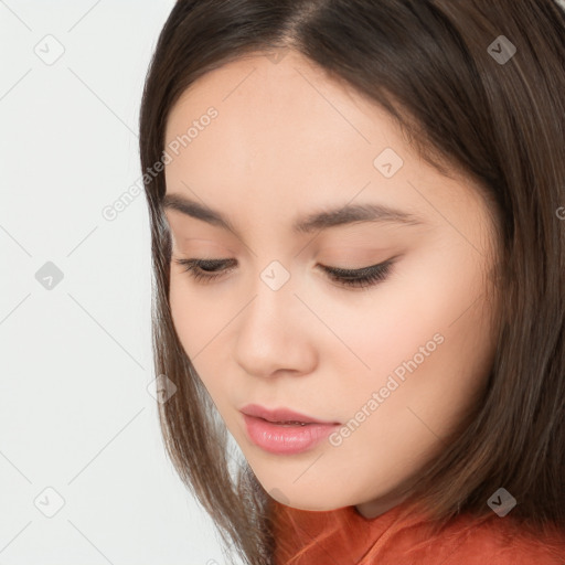 Neutral white young-adult female with long  brown hair and brown eyes