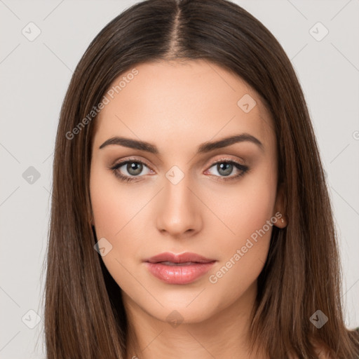 Neutral white young-adult female with long  brown hair and brown eyes