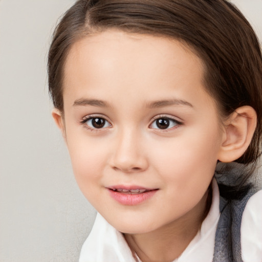 Joyful white child female with medium  brown hair and brown eyes