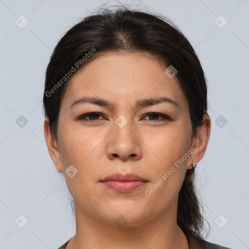 Joyful white young-adult female with medium  brown hair and brown eyes