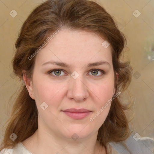 Joyful white young-adult female with medium  brown hair and green eyes