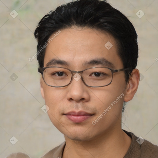 Neutral asian young-adult male with short  black hair and brown eyes
