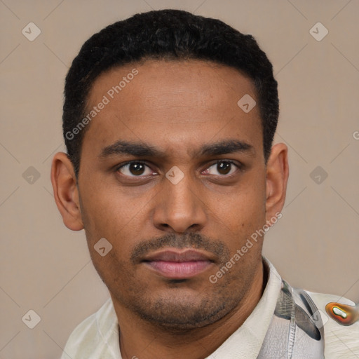 Neutral latino young-adult male with short  black hair and brown eyes
