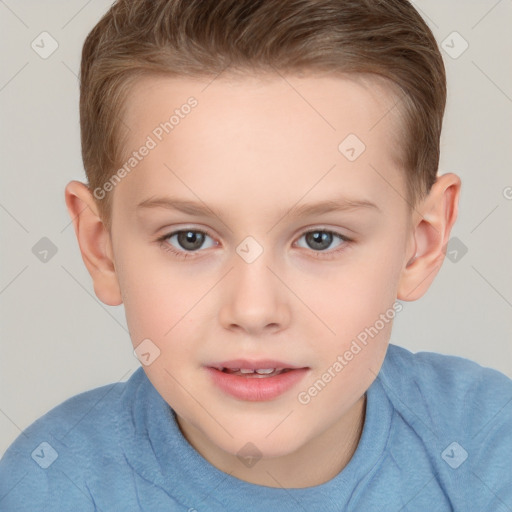 Joyful white child female with short  brown hair and brown eyes