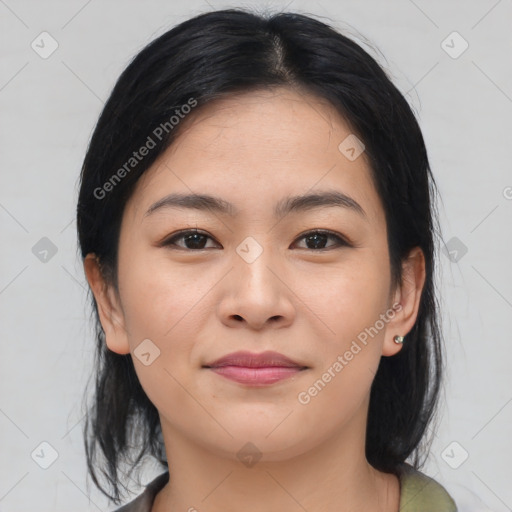 Joyful asian young-adult female with medium  brown hair and brown eyes