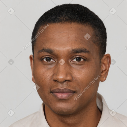 Neutral black young-adult male with short  black hair and brown eyes