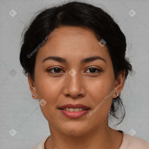 Joyful asian young-adult female with medium  black hair and brown eyes