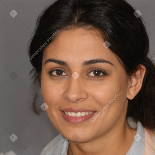 Joyful white young-adult female with medium  brown hair and brown eyes